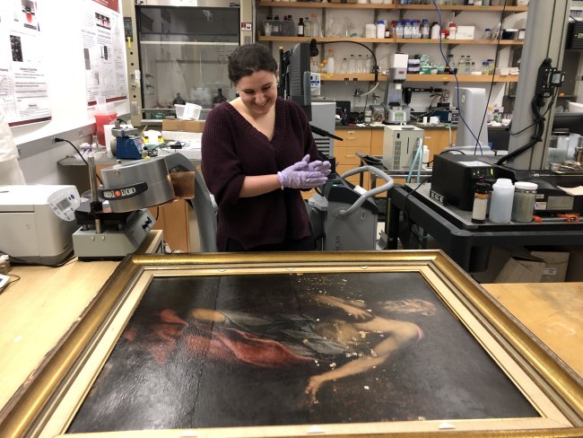 Caroline Longo, student in Suzanne Deal Booth Seminar “The Material Science of Art,” prepares to use x-radiography to examine The Penitent St. Jerome at the Smart Museum of Art.