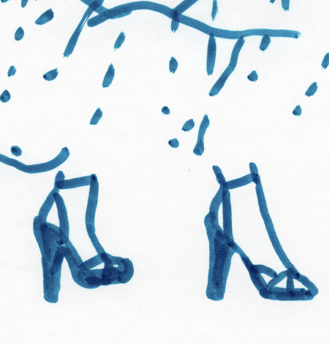 Blue marker sketch of high heeled shoes with straps beneath the folds of a skirt
