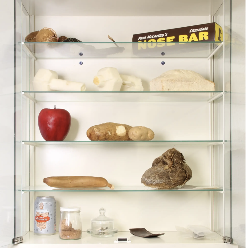 Christian Scheidemann's cabinet in his former studio displaying technical studies of fruit peels and banana for Zoe Leonard's Strange Fruit, 1992–97, pound cake tests for Matthew Barney's OTTOshaft, 1992, and an ‘extra' elephant dung from Chris Ofili. © Christian Scheidemann